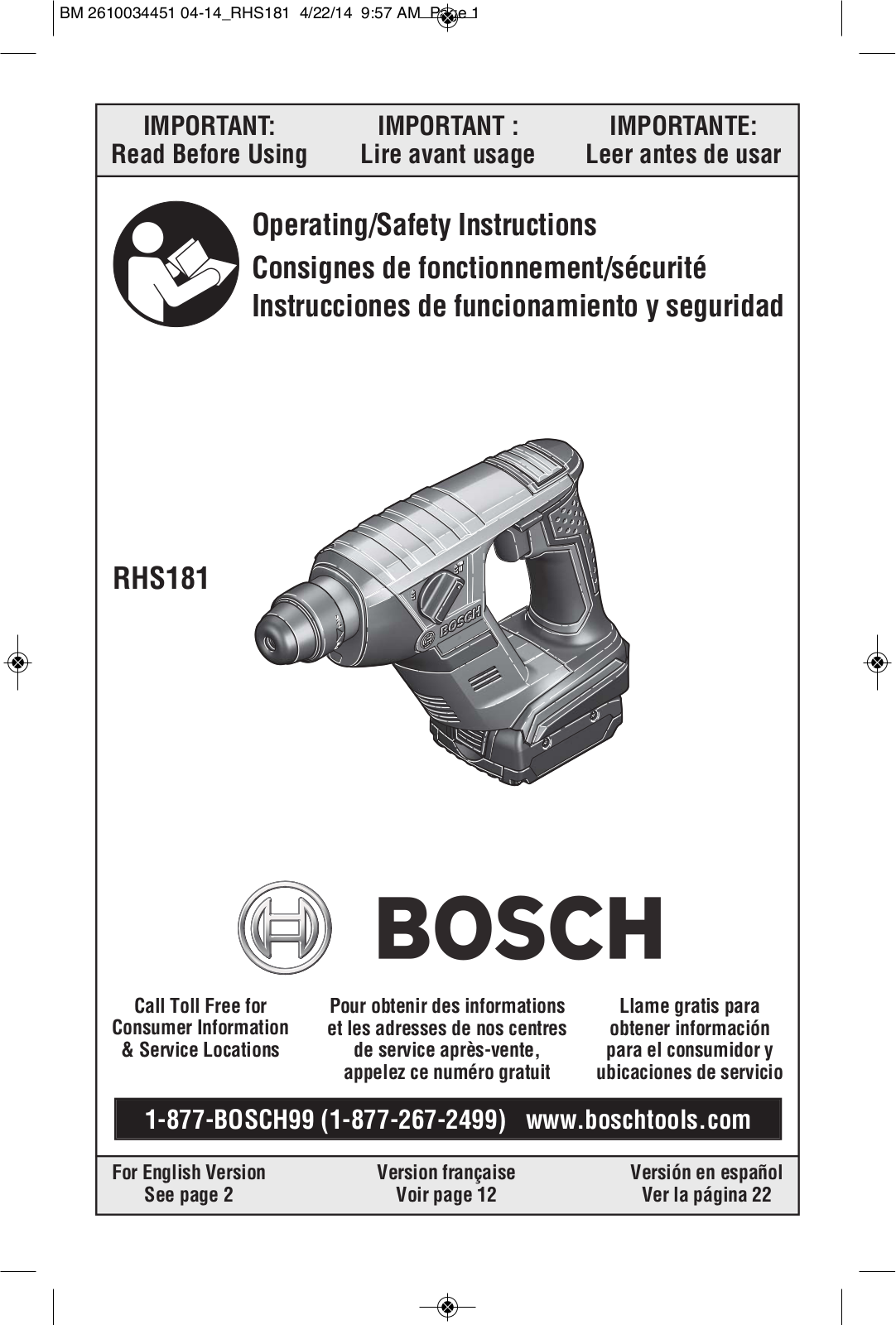 Bosch Power Tools RHS181B, RHS181K, RHS181BL User Manual