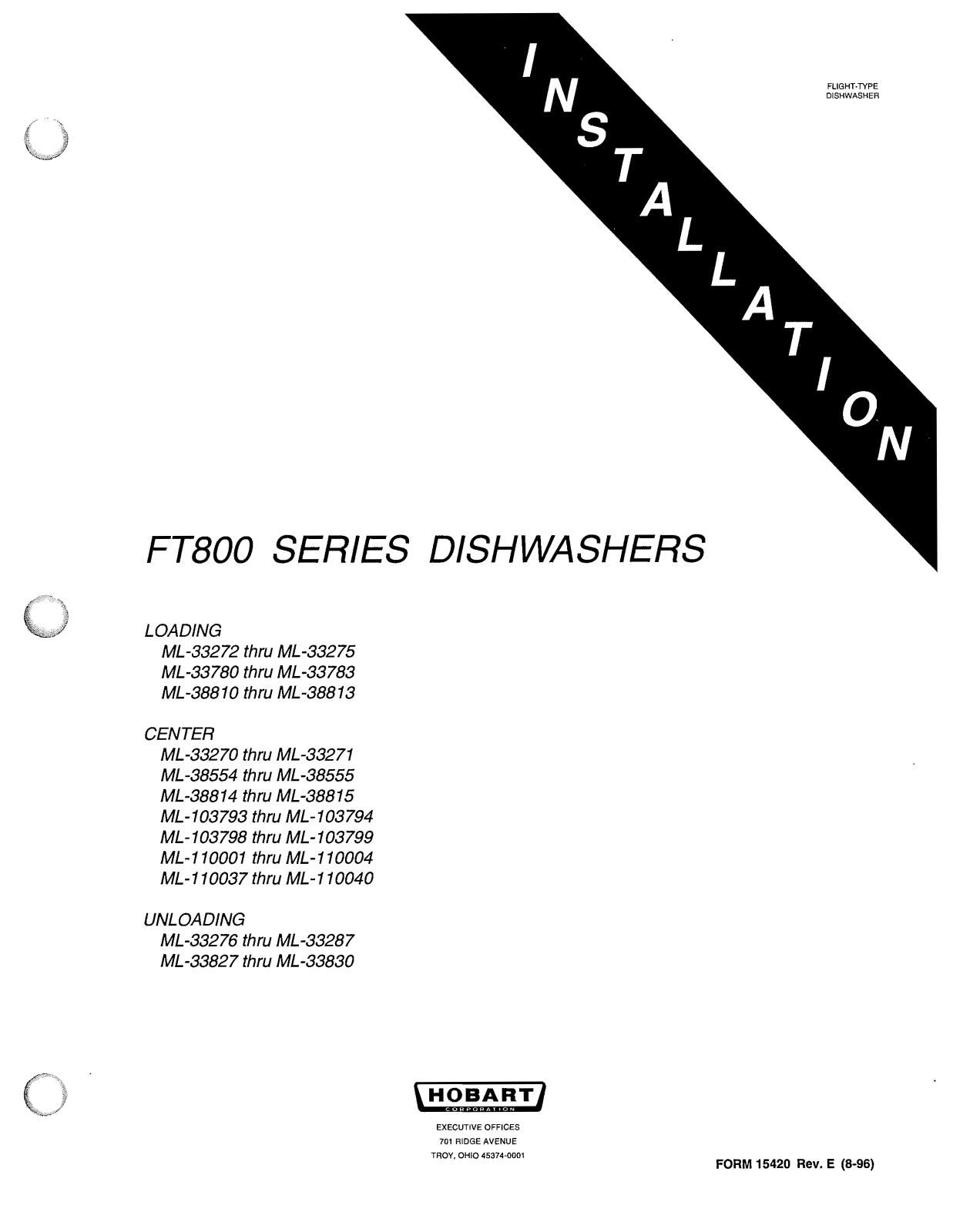 Hobart FT800 Installation Manual