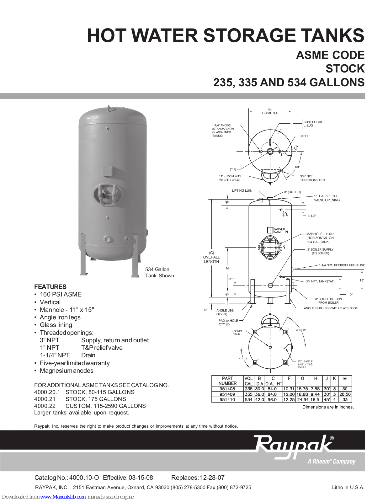 Raypak 951408, 951409, 951410 Specifications - ManualMachine.com