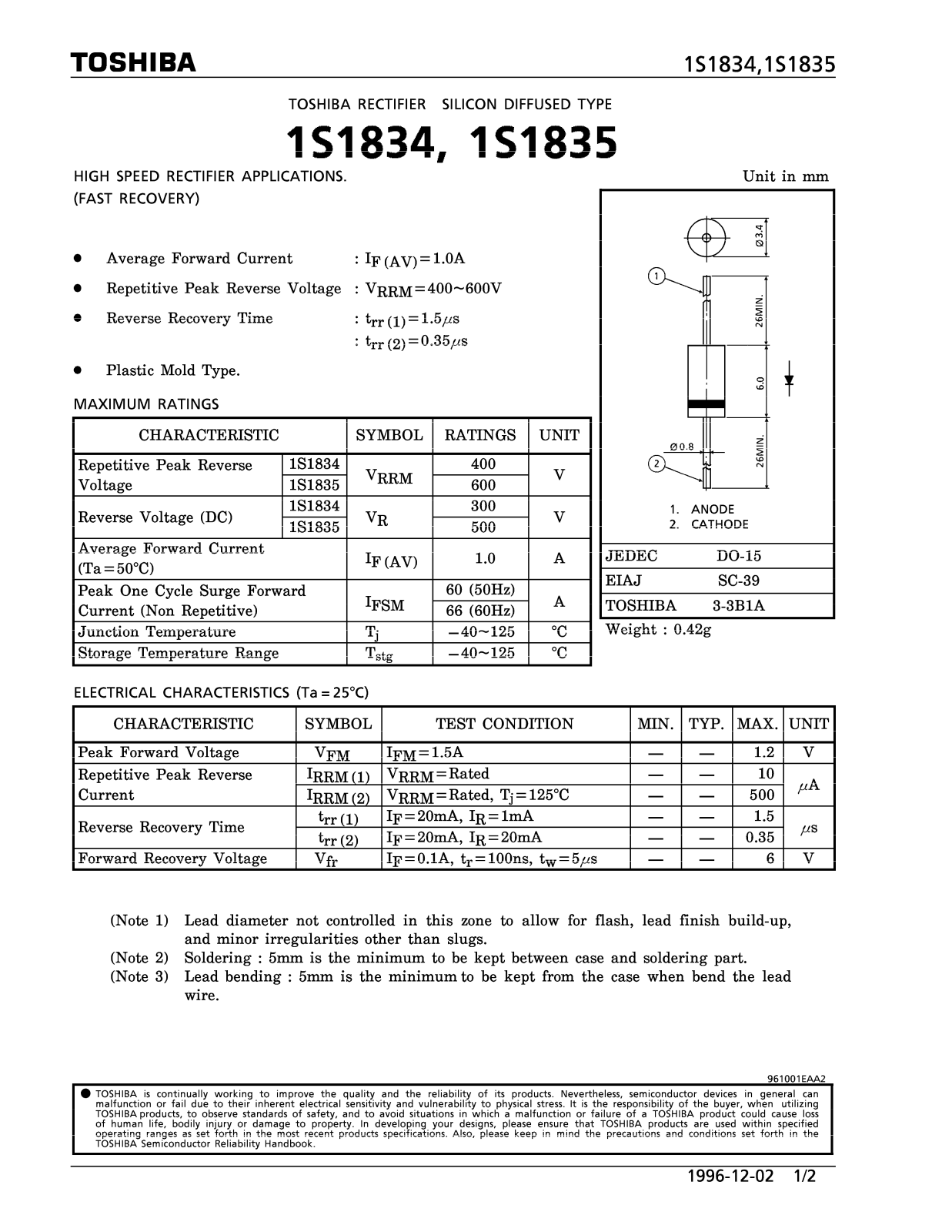 Toshiba 1S1835, 1S1834 Datasheet