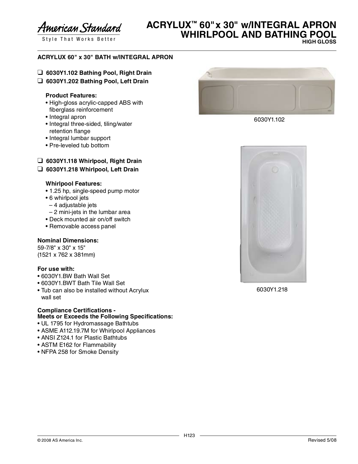 American Standard ACRYLUX 6030Y1.202, ACRYLUX 6030Y1.102 User Manual