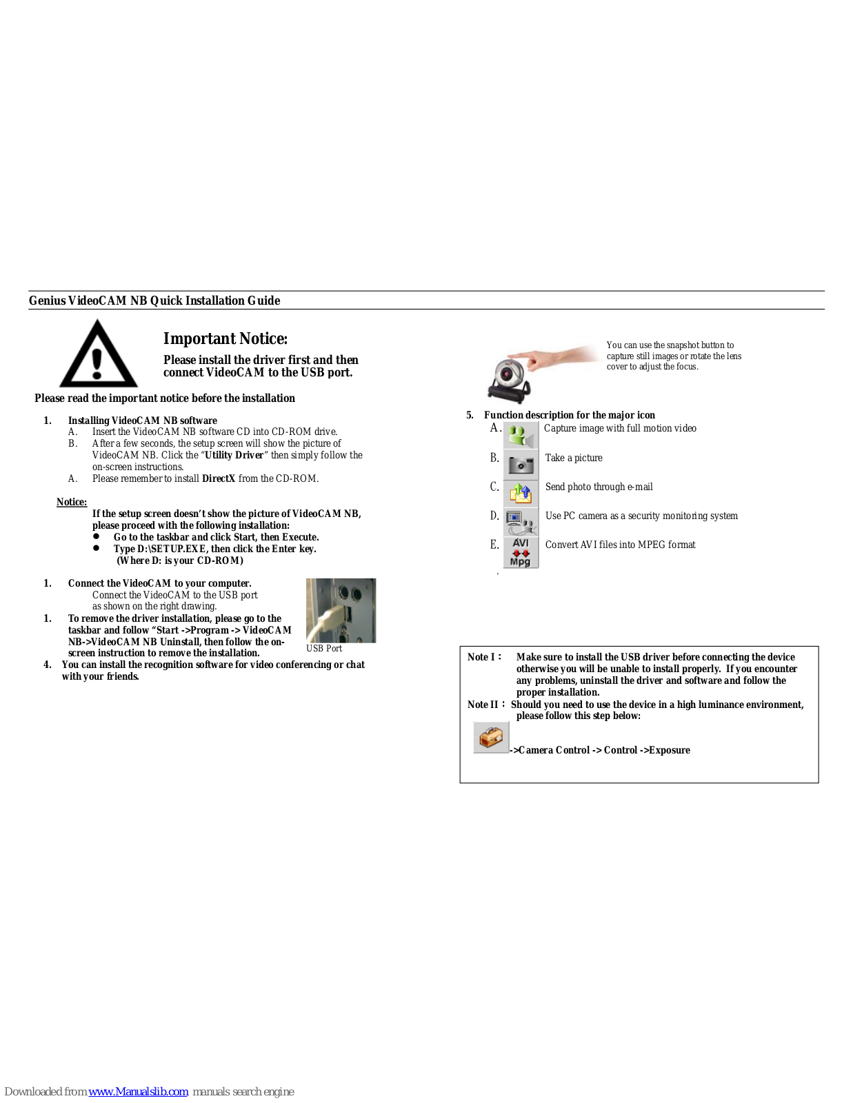 Genius NB - QUICK, VideoCAM NB Quick Installation Manual - ManualMachine.com