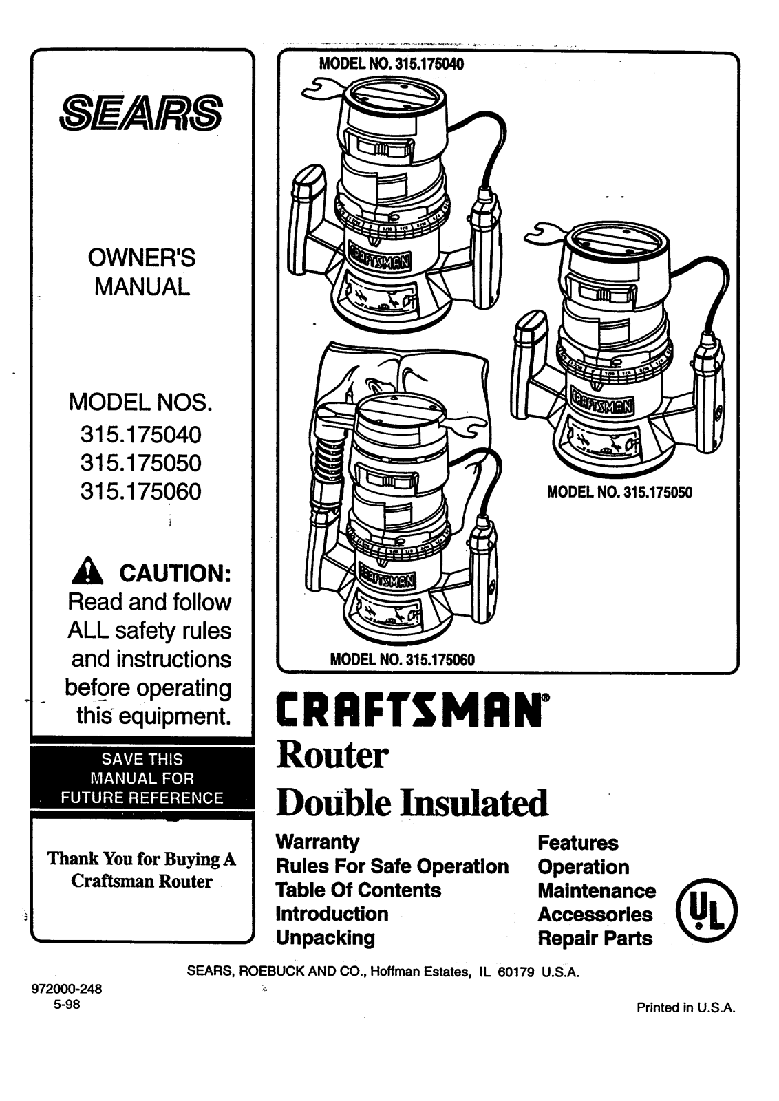 Craftsman 315175060, 315175050 Owner’s Manual