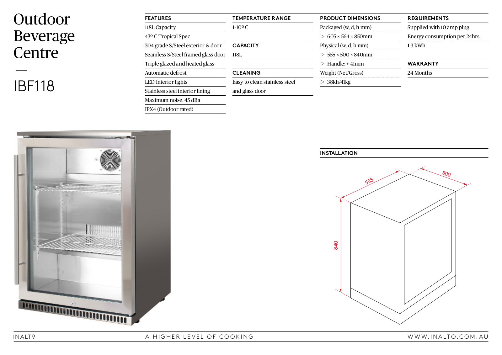 Inalto IBF118 Specifications Sheet