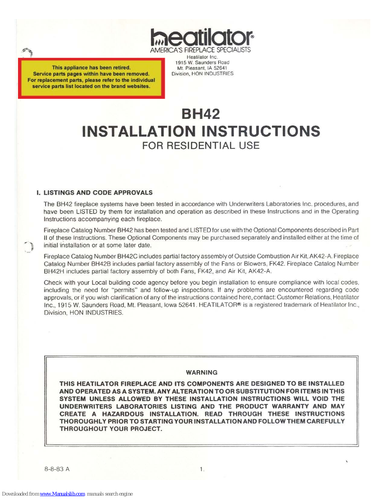 Heatilator BH42 Installation Instructions Manual