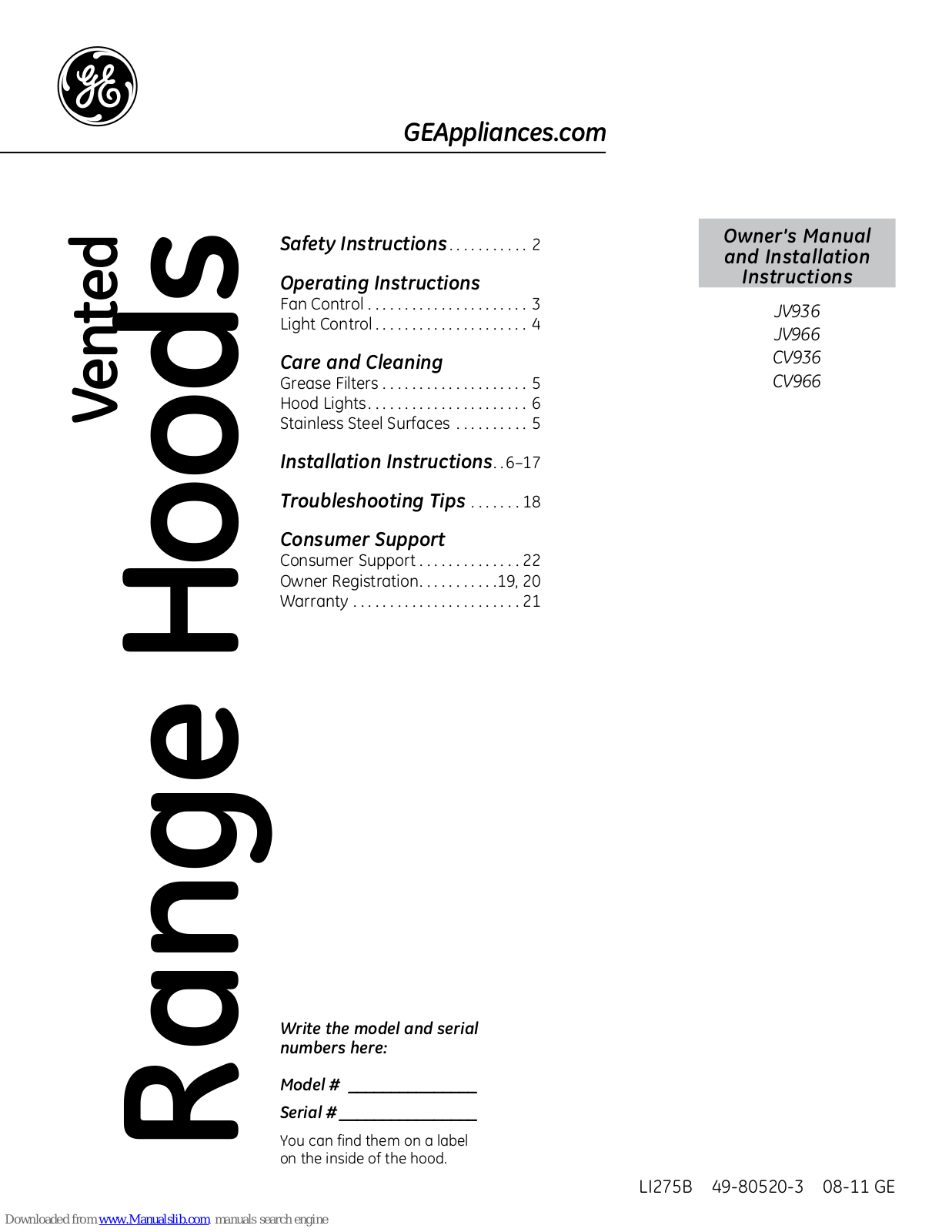 GE CV936MSS, CV966TSS, JV966DSS, JV936DSS, JV936 Owner's Manual & Installation Instructions