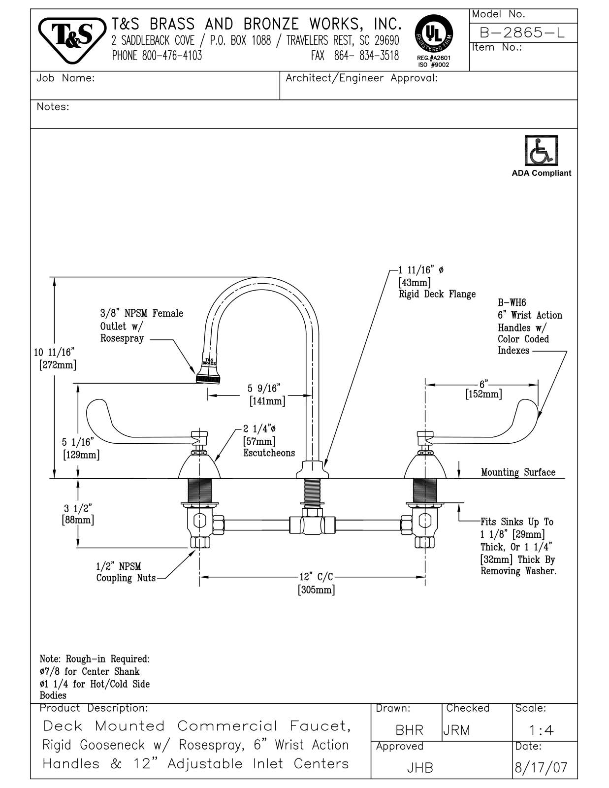 T&S Brass Manuals B-2865-L User Manual