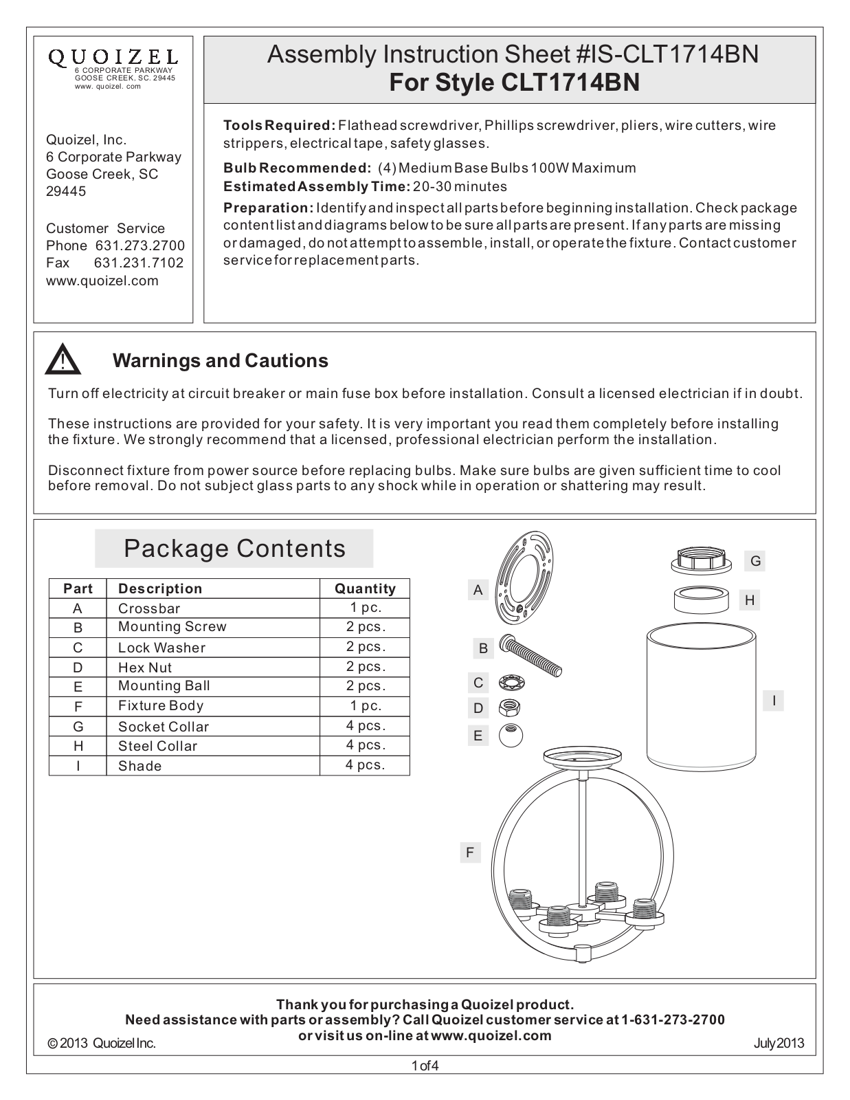 Quoizel CLT1714BN User Manual