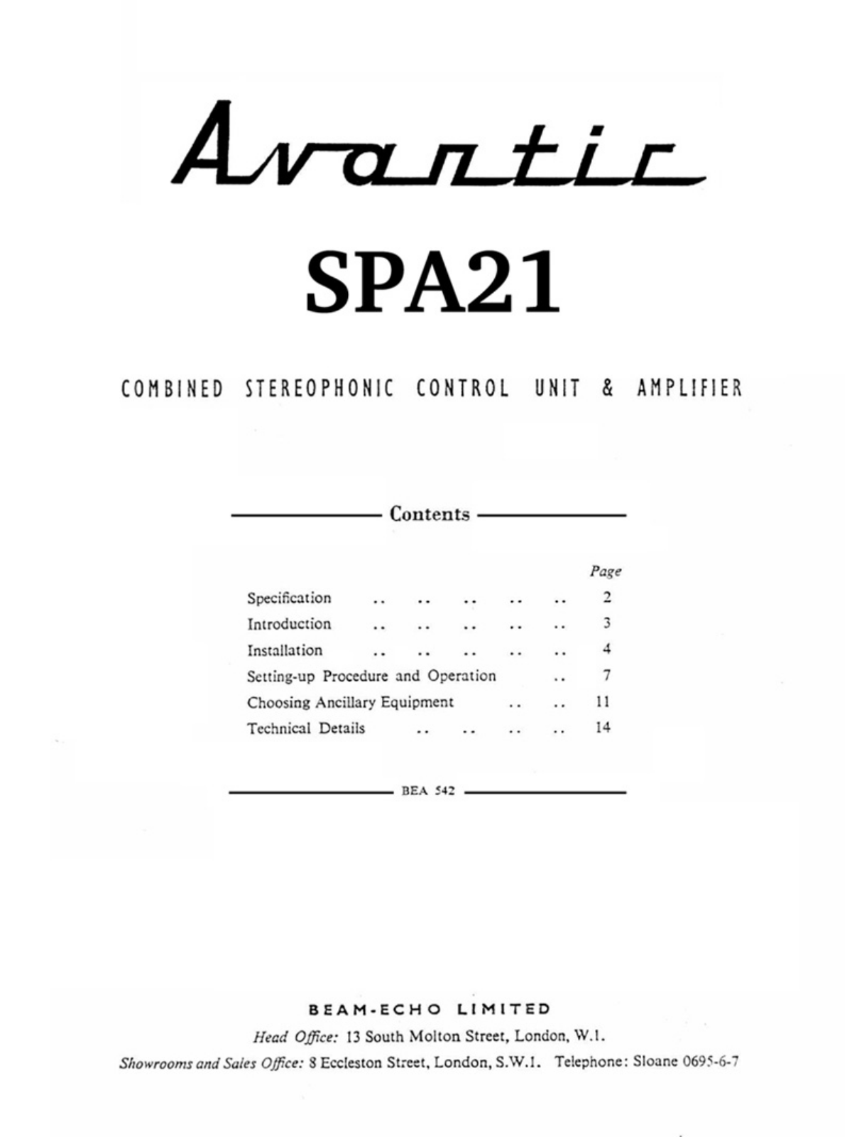 Avantic SPA-21 Owners manual