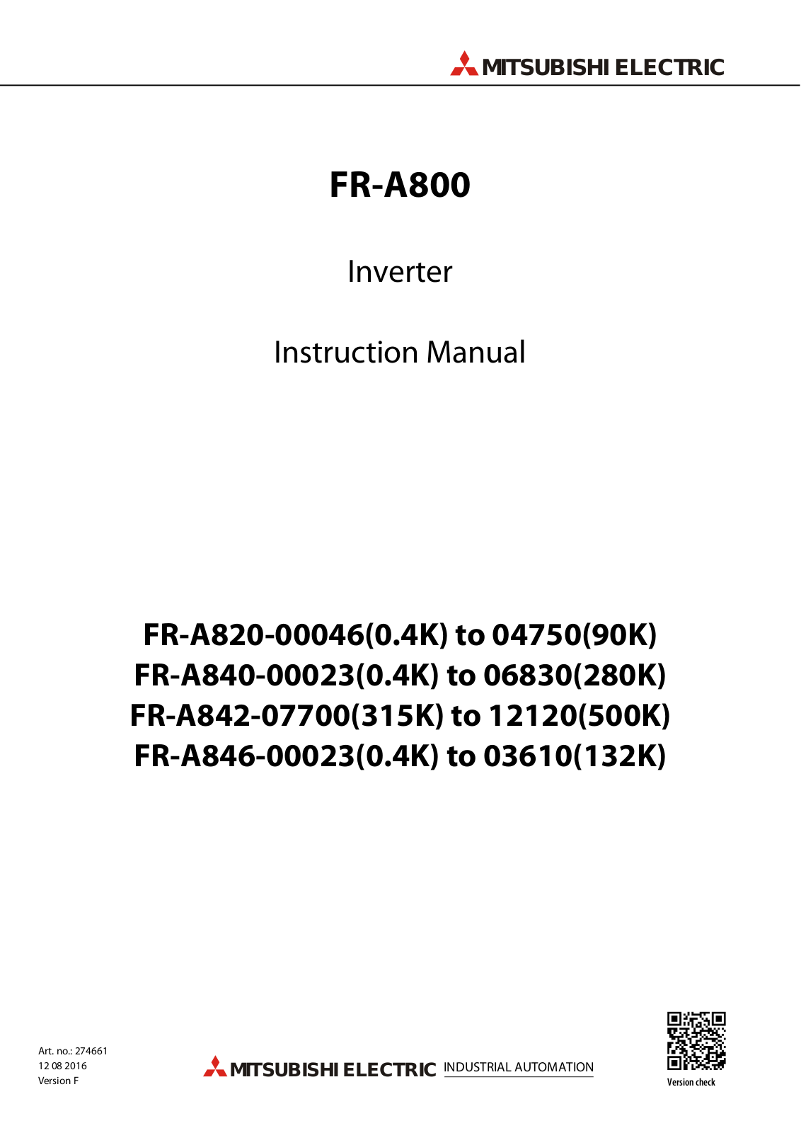 Mitsubishi Electric FR-A820-00046, FR-A800, FR-A820-04750, FR-A840-00023, FR-A840-06830 Instruction Manual