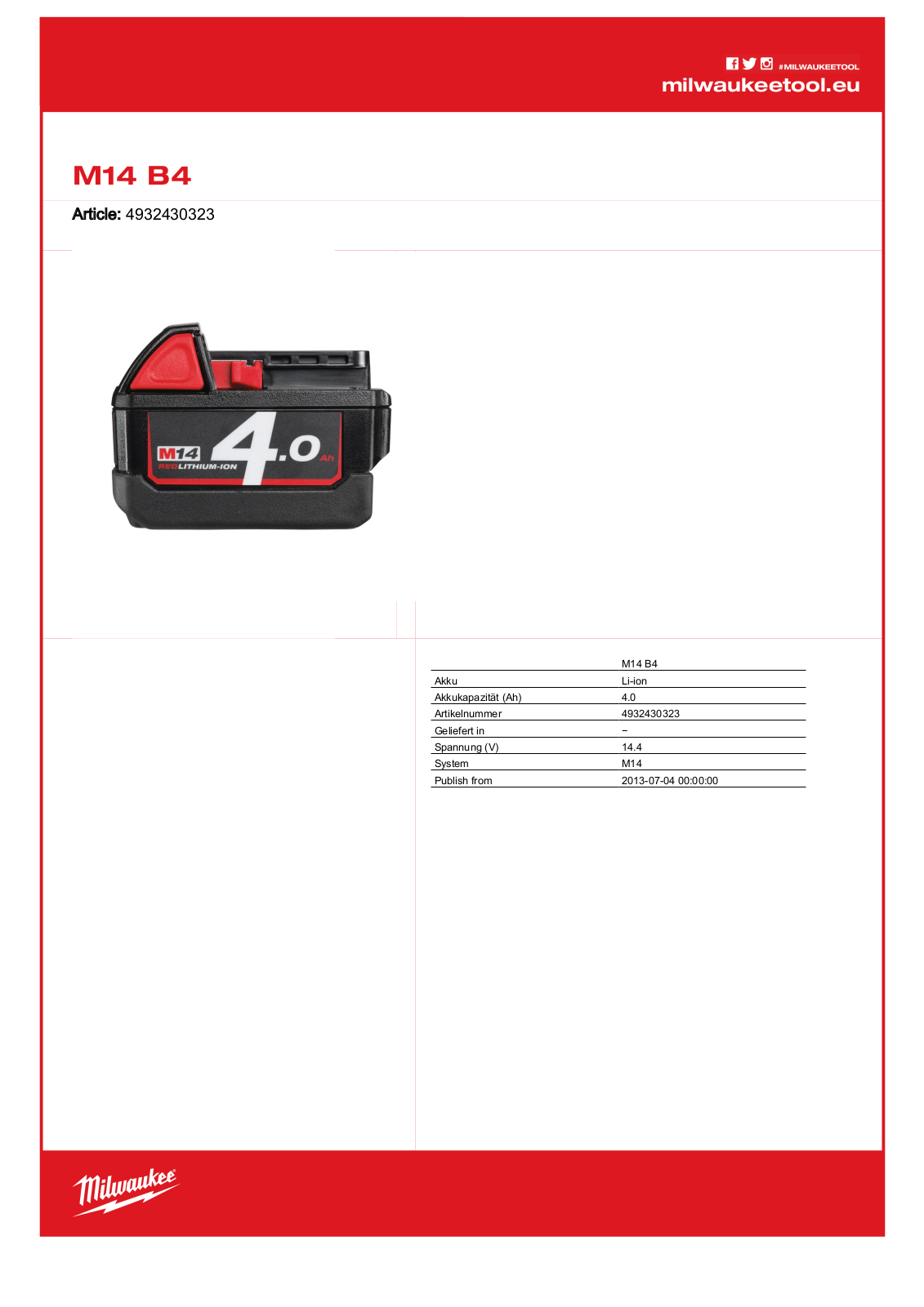 Milwaukee M14 B4 Technical data