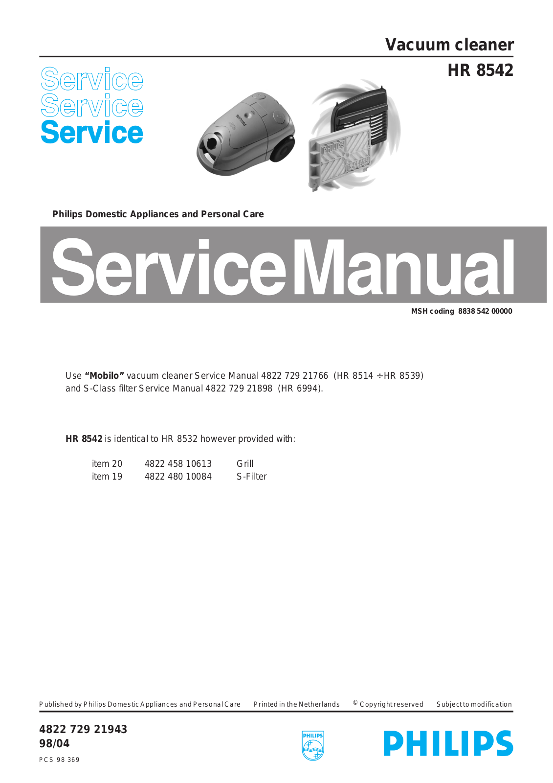 Philips HR 8542 Service Manual