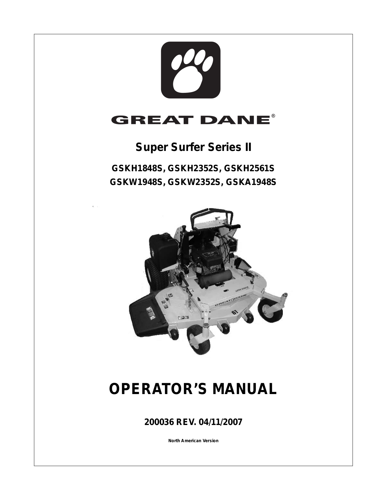 Great Dane GSKH2352S, GSKH1848S, GSKW1948S, GSKH2561S, GSKW2352S User Manual