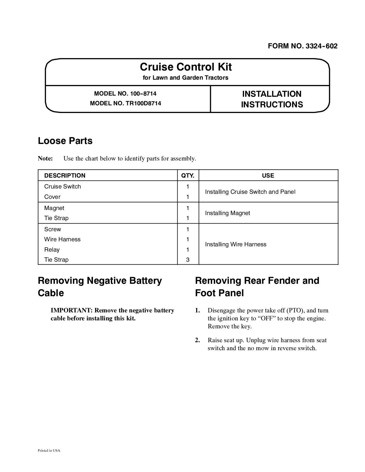 Toro TR100D8714, 100-8714 Installation Instructions