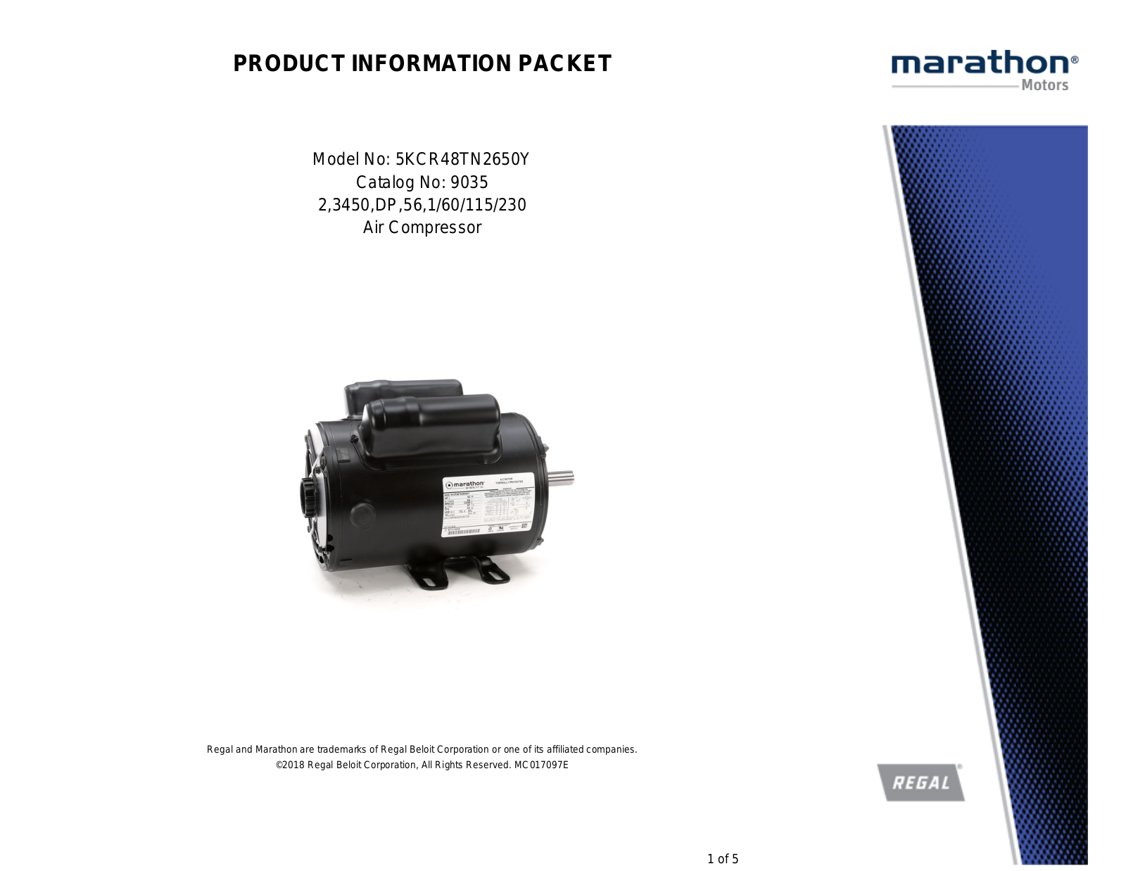 Marathon Electric 5KCR48TN2650Y Product Information Packet