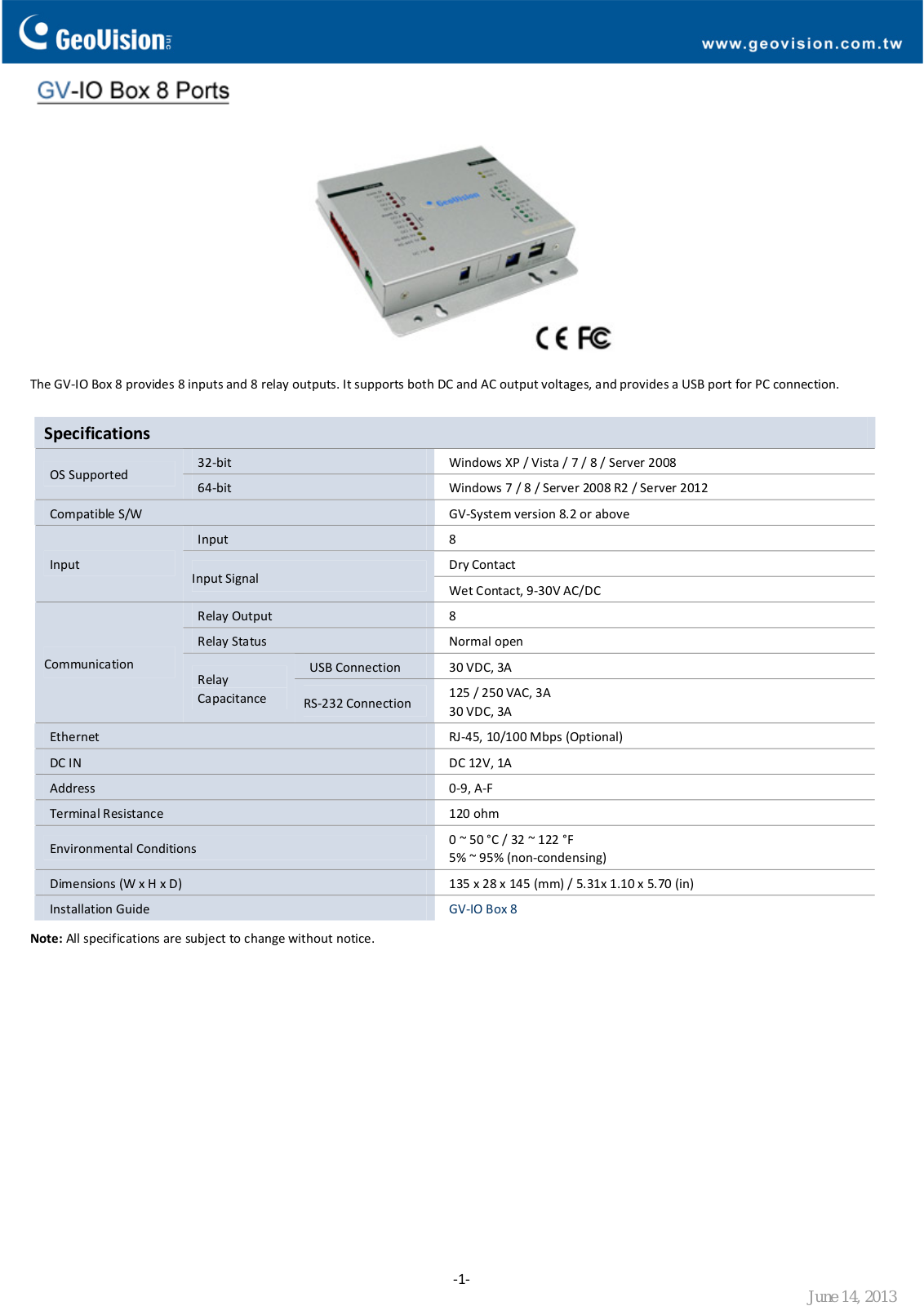 Geovision GV-I-O Box 8 Ports Specsheet