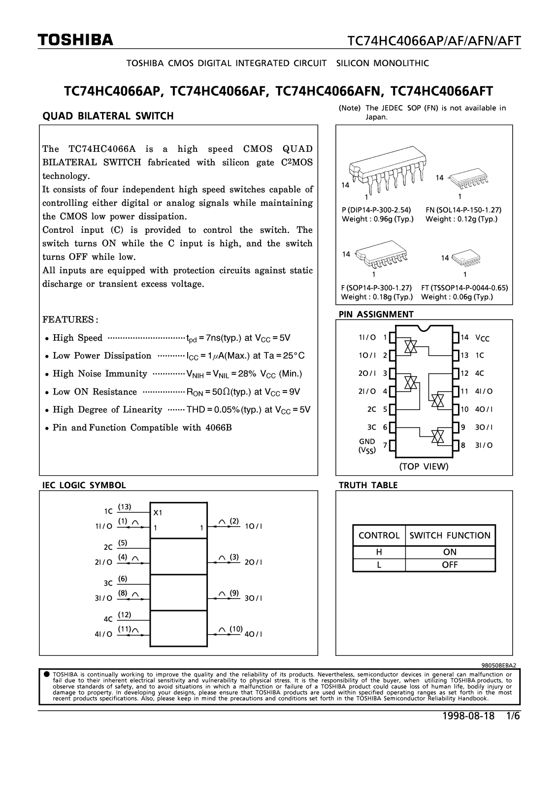 Toshiba TC74HC4066AP Datasheet