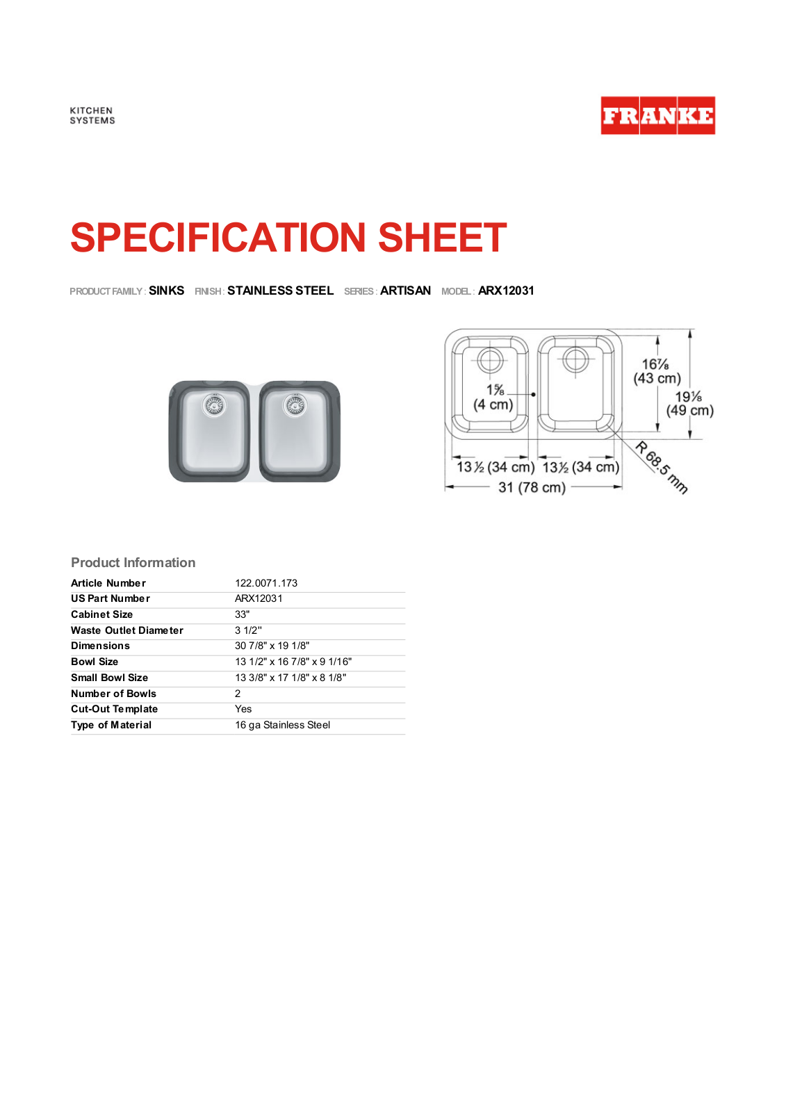 Franke Foodservice ARX12031 User Manual