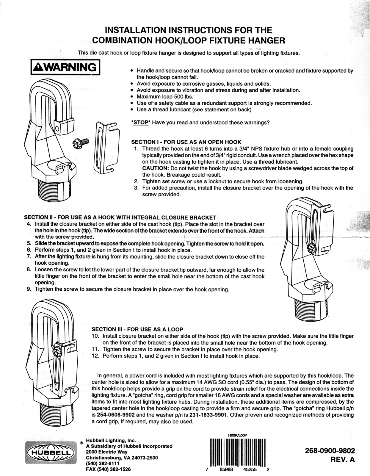 Hubbell Lighting HOOK LOOP FIXTURE HANGER User Manual