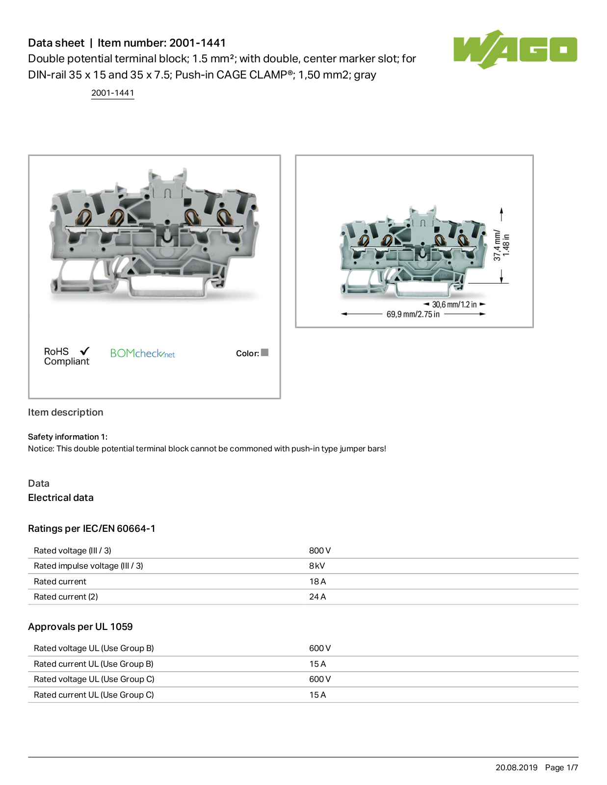 Wago 2001-1441 Data Sheet