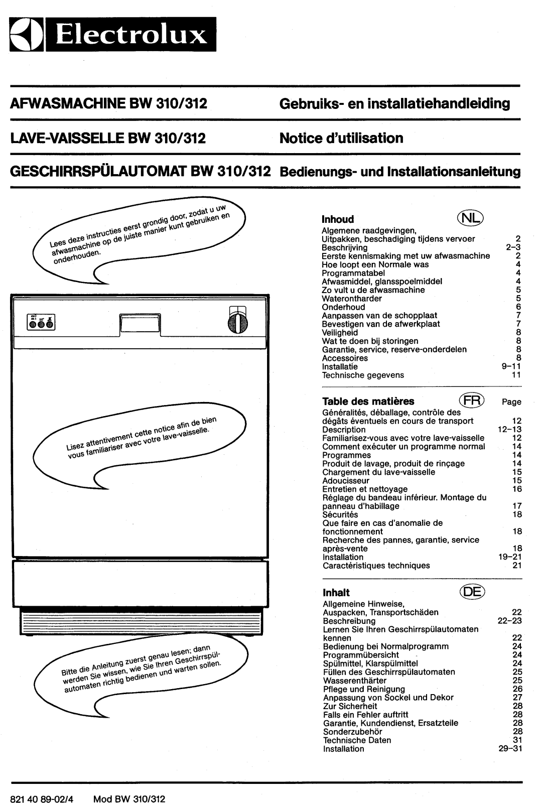 electrolux BW310, BW312 User Manual