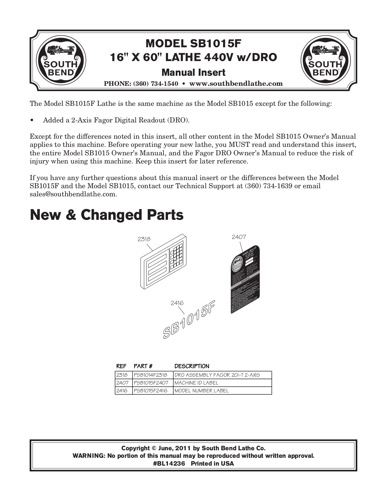 Southbend sb1015f User Manual