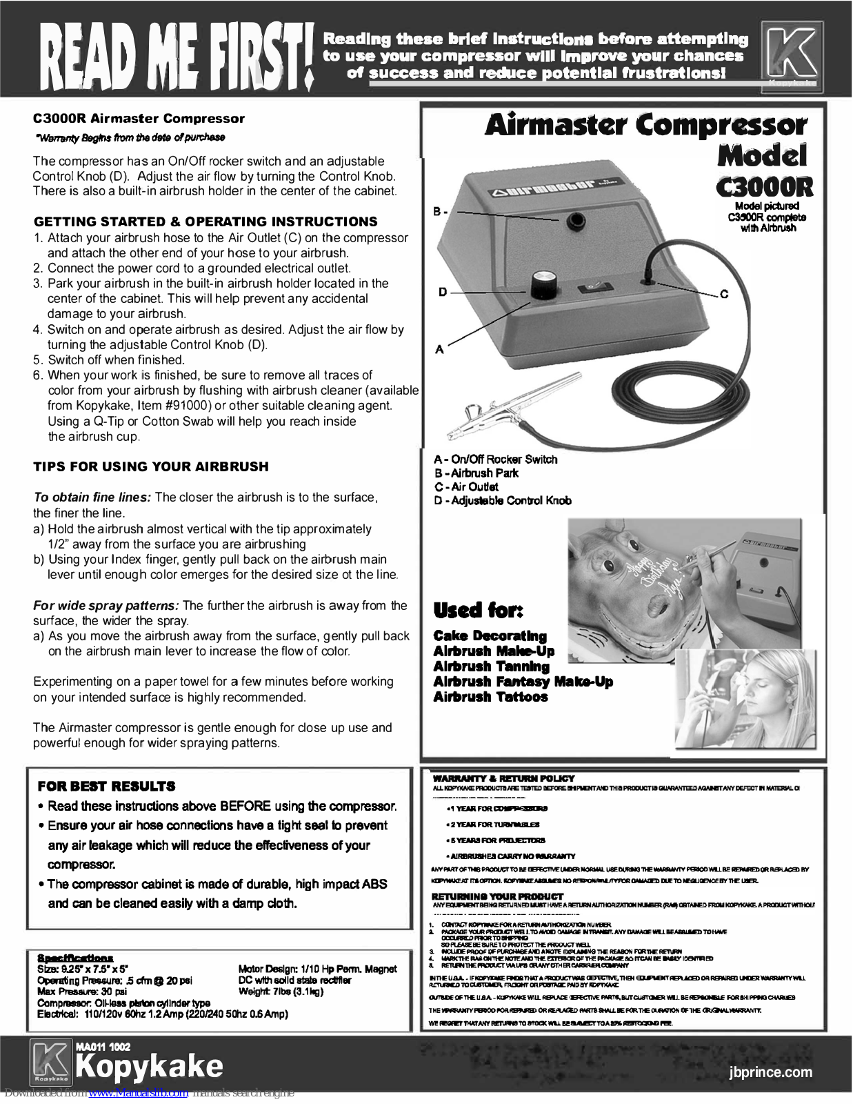 Kopykake Airmaster Compressor C3000R Brief Instructions