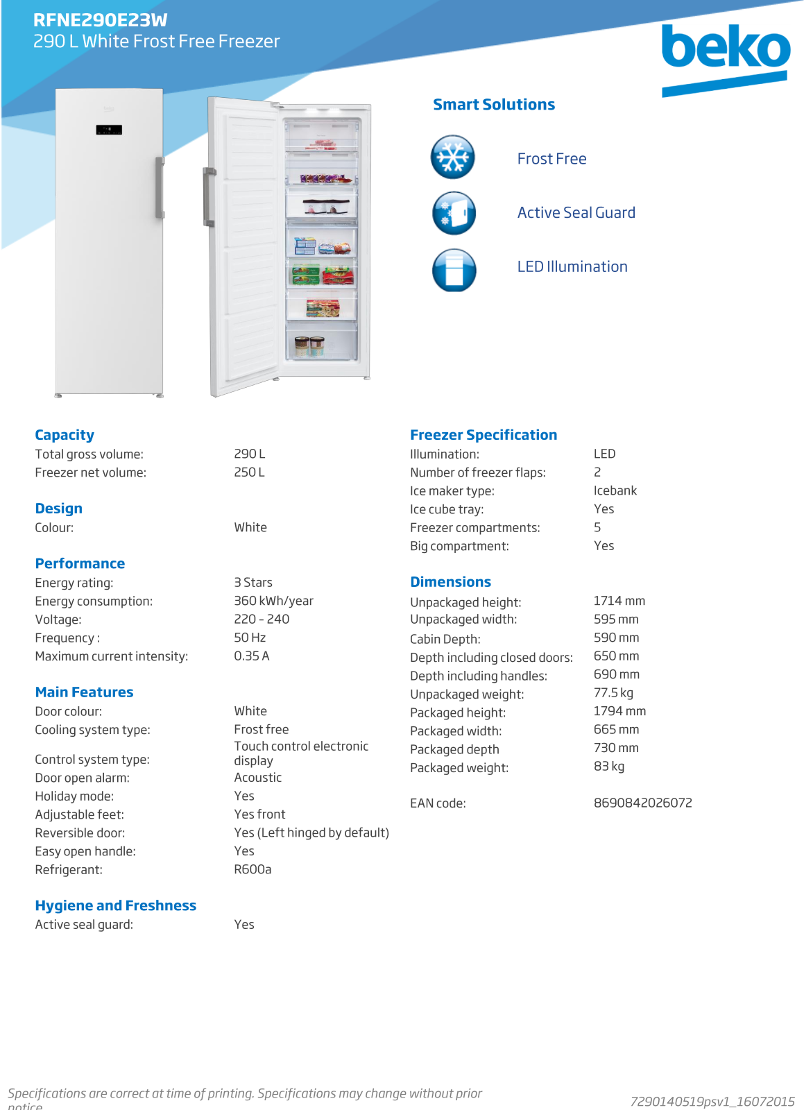 Beko RFNE290E23W, RFNE290E23WRSNE Specifications Sheet