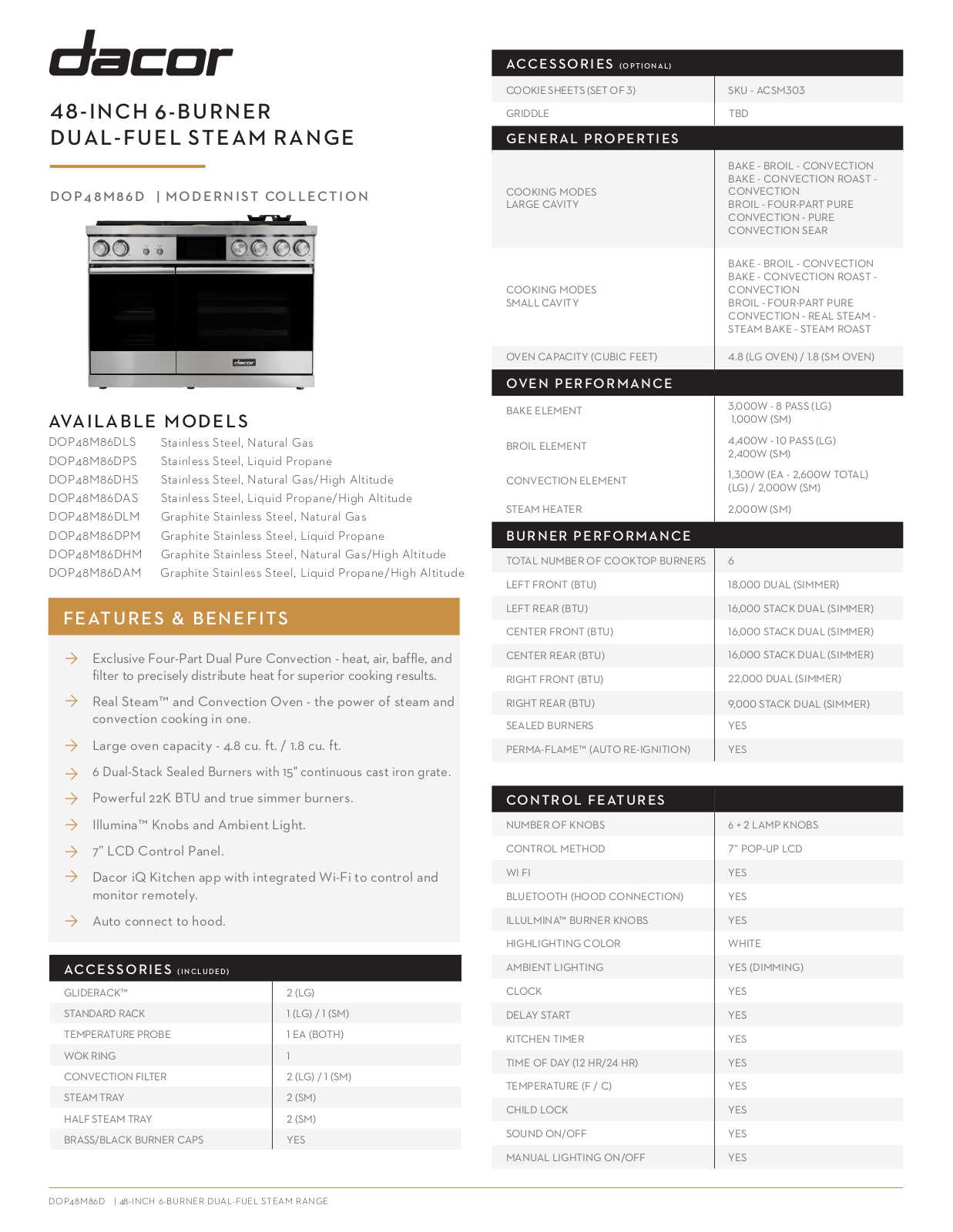 Dacor DOP48M86DLS, DOP48M86DHS, DOP48M86DAS, DOP48M86DLM, DOP48M86DPM Specifications