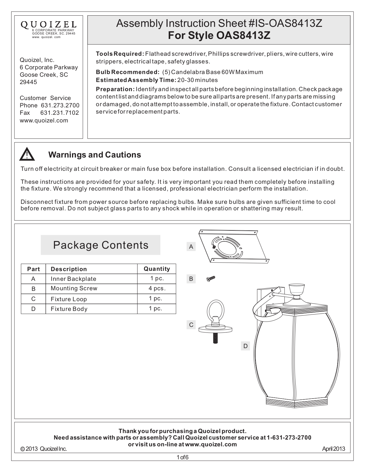 Quoizel OAS8413Z User Manual