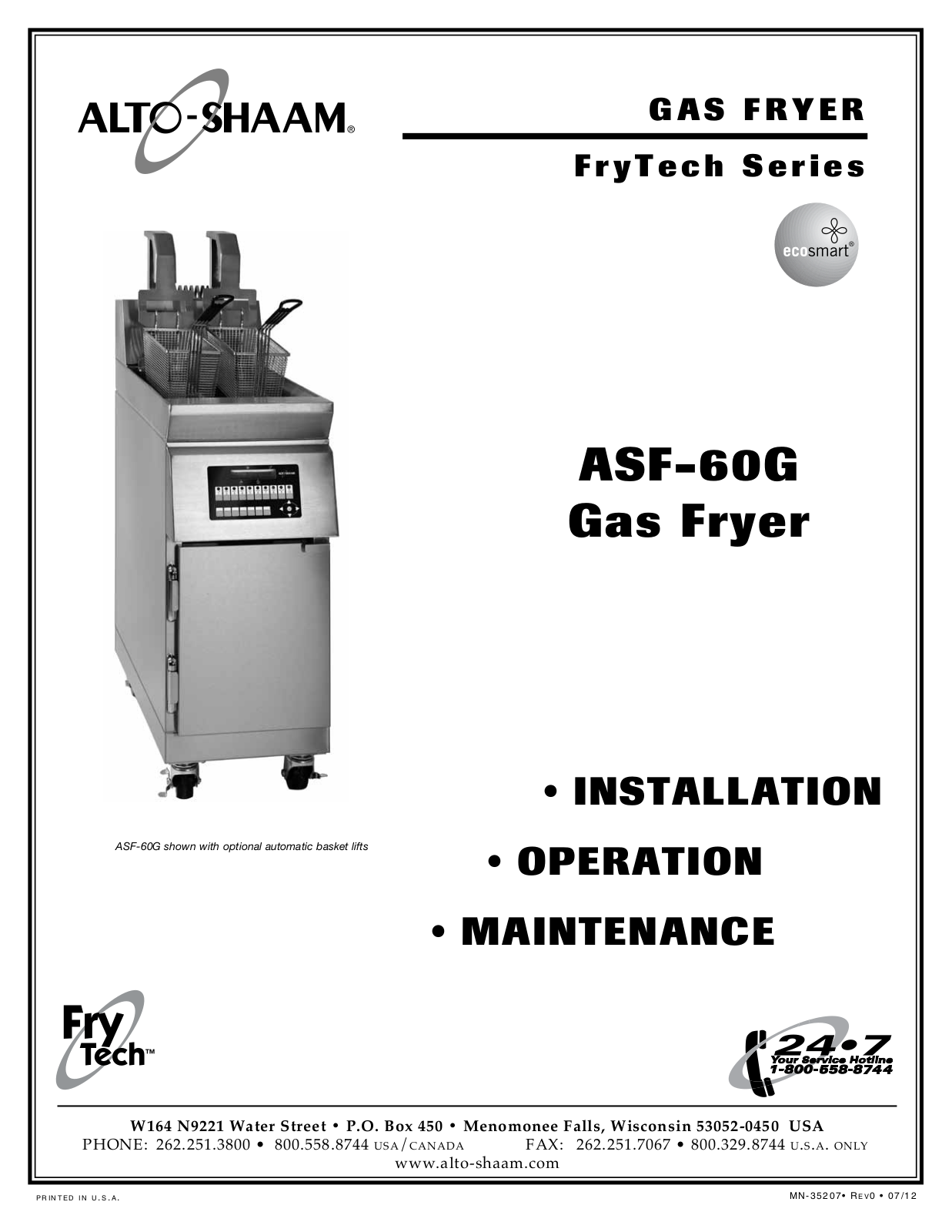 Alto-Shaam ASF-60G, Gas Fryer User Manual