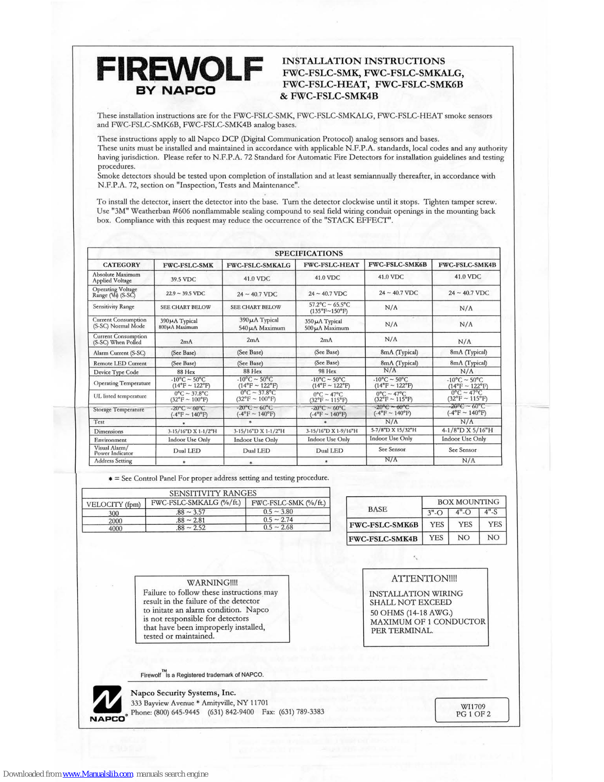 FIREWOLF FWC-FSLC-SMK, FWC-FSLC-SMK6B, FWC-FSLC-HEAT, FWC-FSLC-SMKALG, FWC-FSLC-SMK4B Installation Instructions Manual - ManualMachine.com