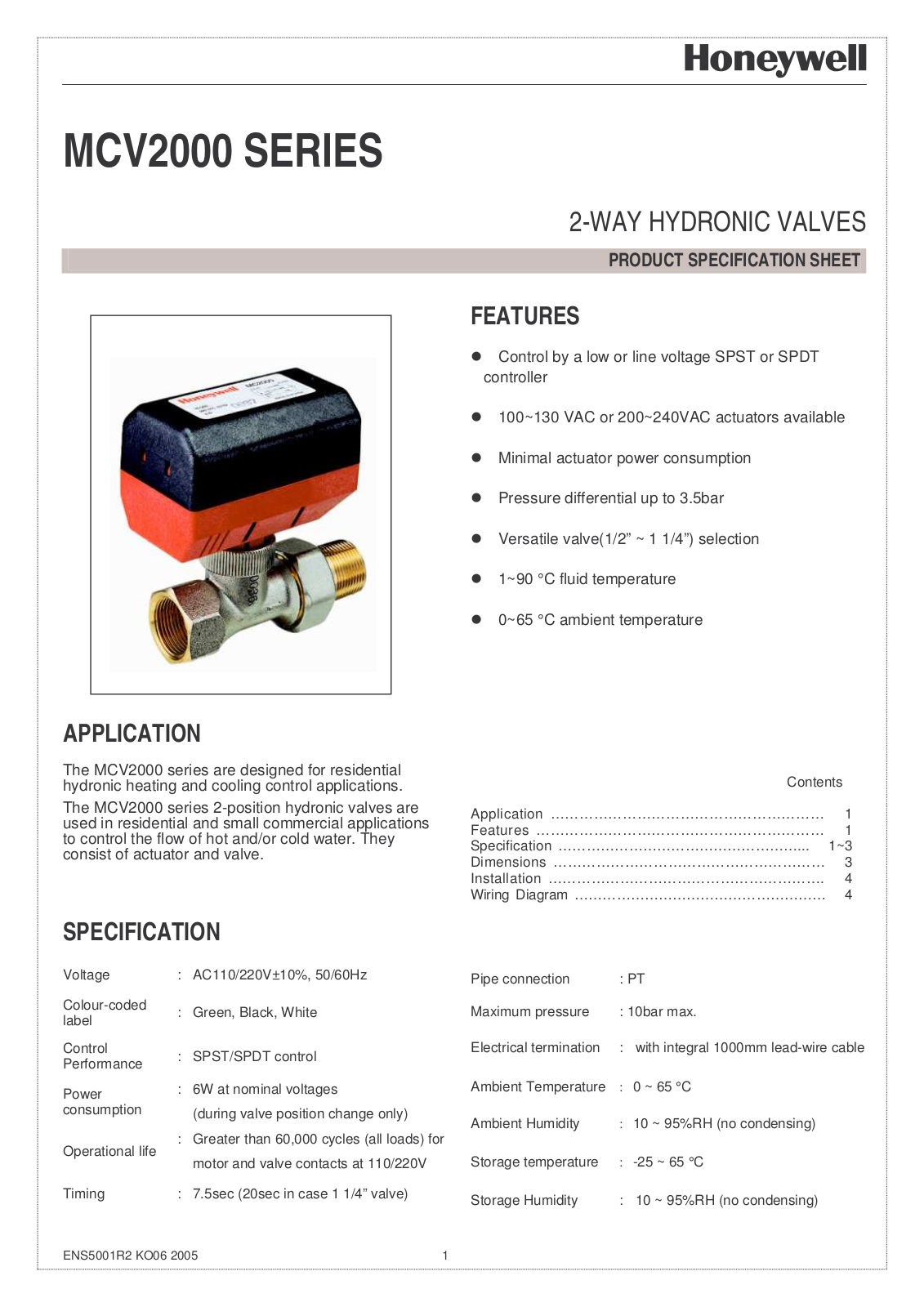 Honeywell MCV2000AV, MCV2000AH, MCV2000AP, MCV2001AA, MCV2001AH Product Specification Sheet