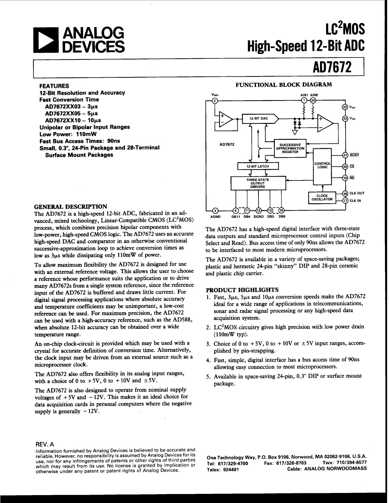 Analog Devices AD7672LP10, AD7672LP05, AD7672LN10, AD7672KP10, AD7672KP05 Datasheet