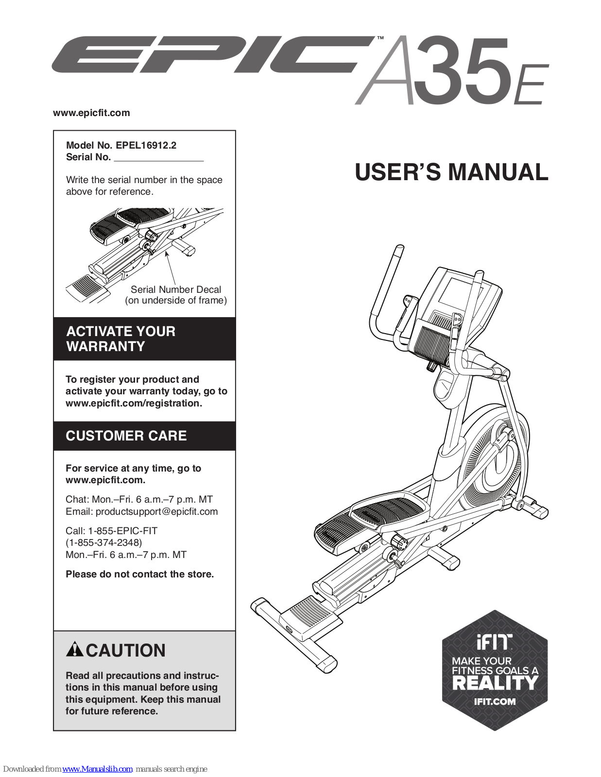 Epic Fitness A35e Elliptical, EPEL16912.2 User Manual