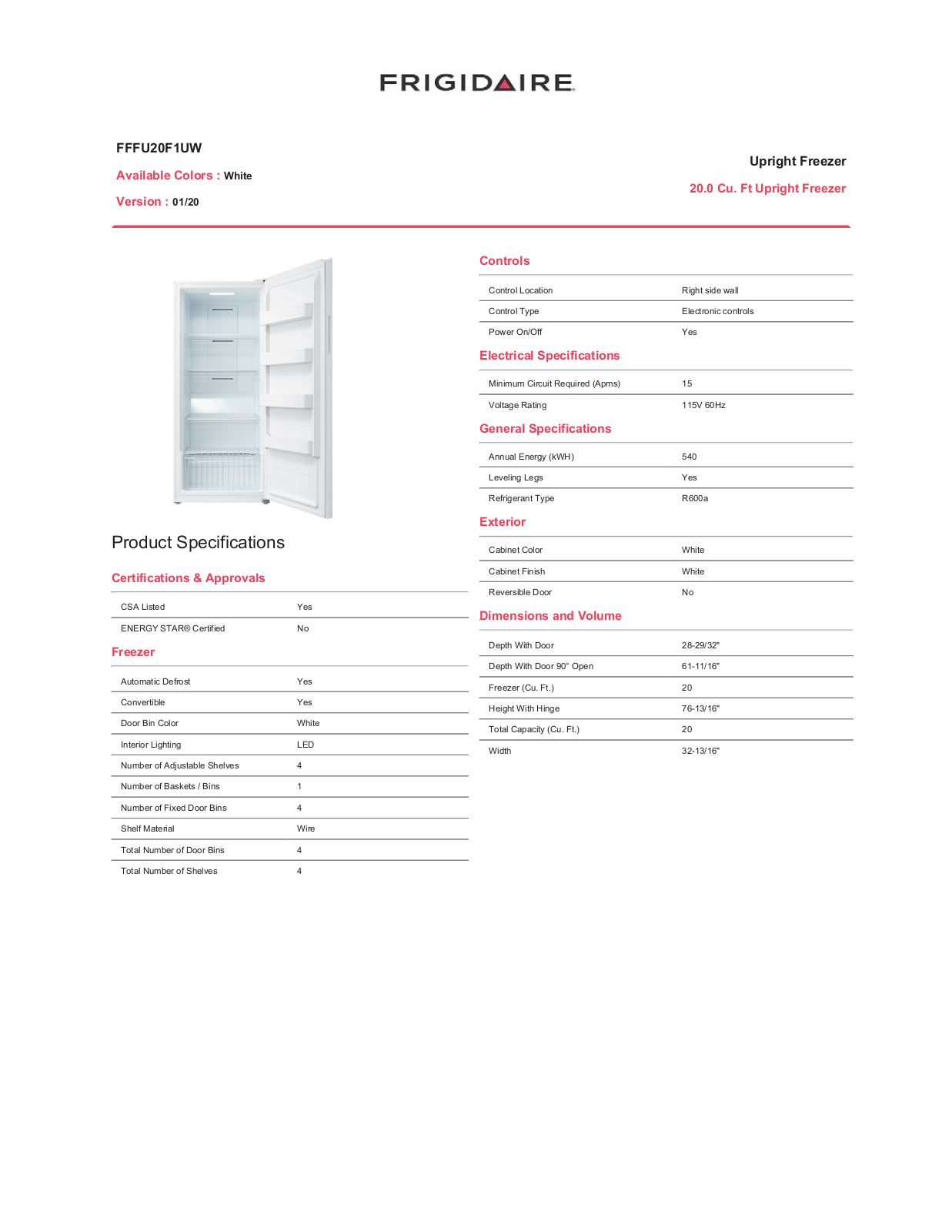 Frigidaire FFFU20F1UW Specifications