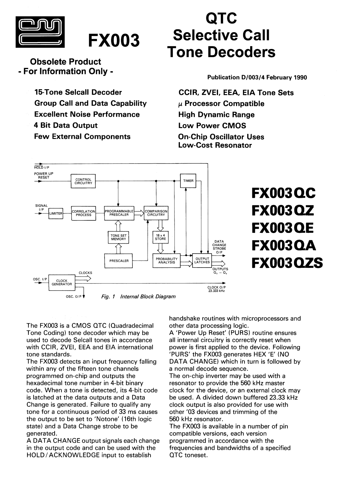 Consumer Microcircuits Limited FX003QZ, FX003QE, FX003QA, FX003QZS, FX102K Datasheet