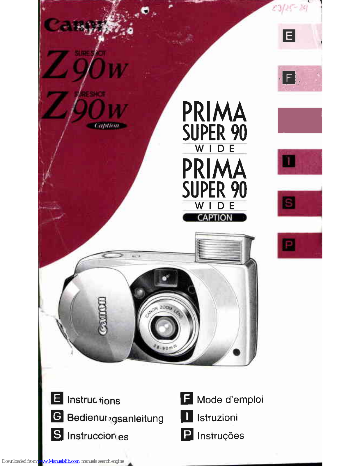 Canon Sure Shot Z90W, SureShot Z90W Caption, Prima Super 90 Wide Caption Instructions Manual