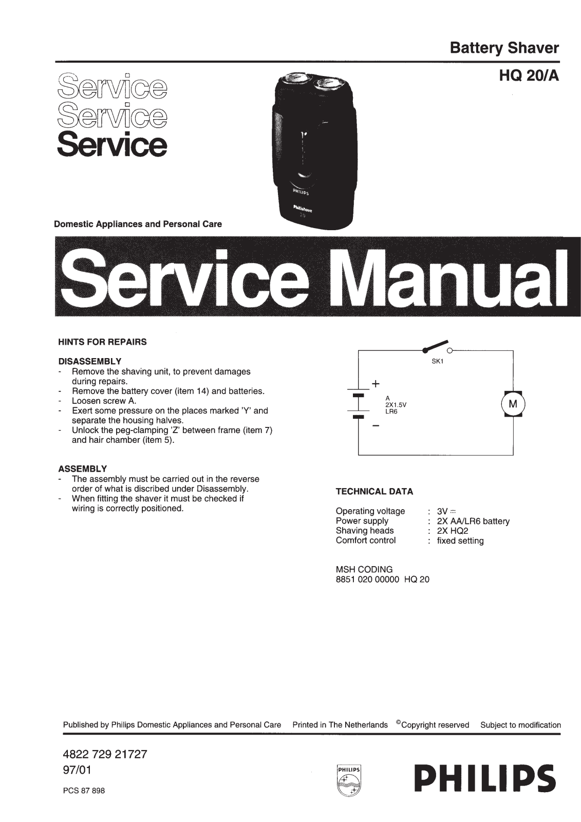 Philips HQ20A Service Manual