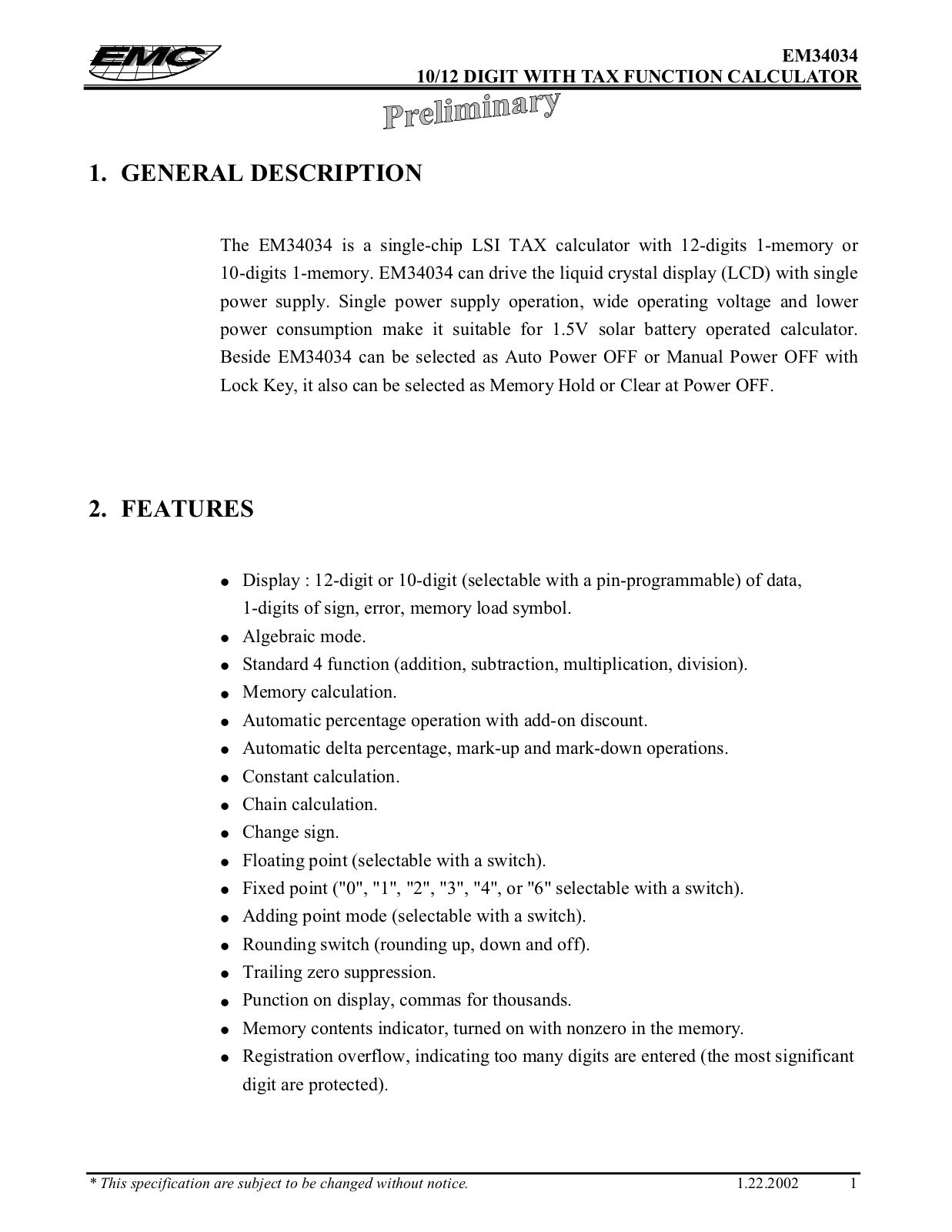 ELAN EM34034 Datasheet