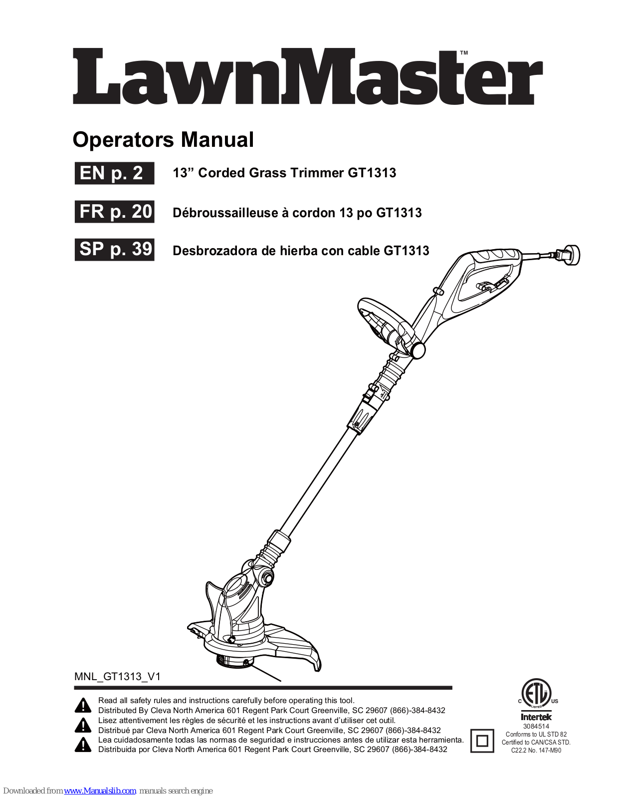 LawnMaster GT1313 Operator's Manual