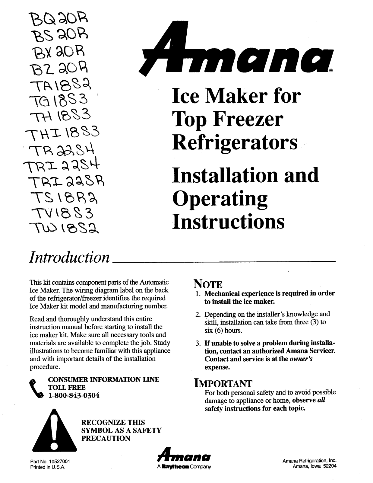 Amana BX20RW, BZ20RW, TS18R2W Owner's Manual