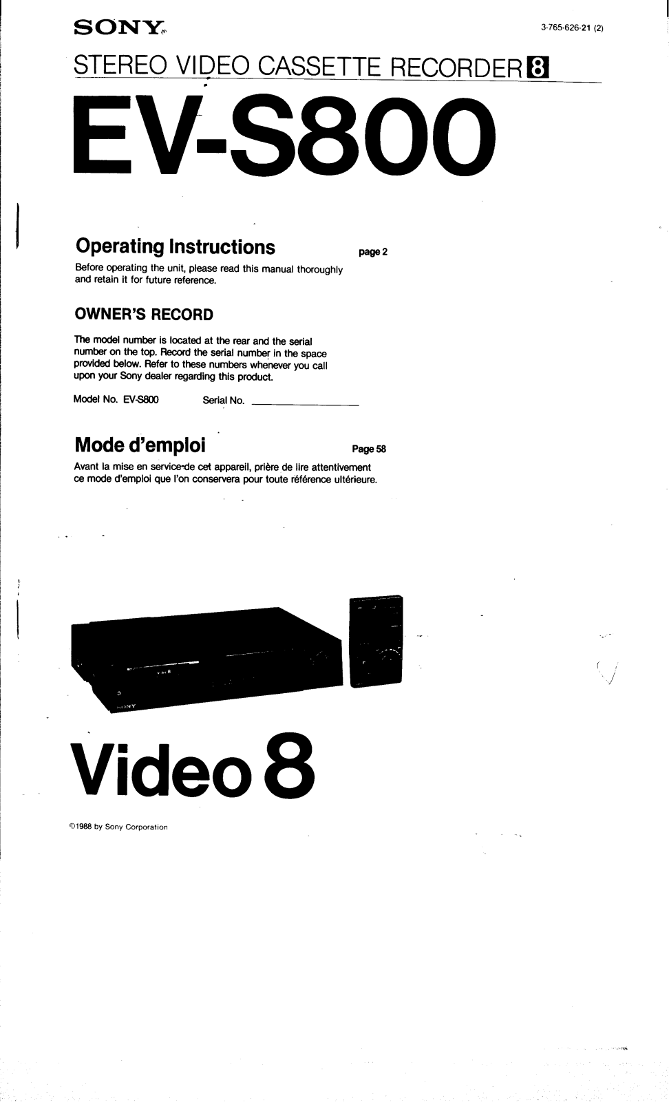 Sony EVS800 Operating Manual