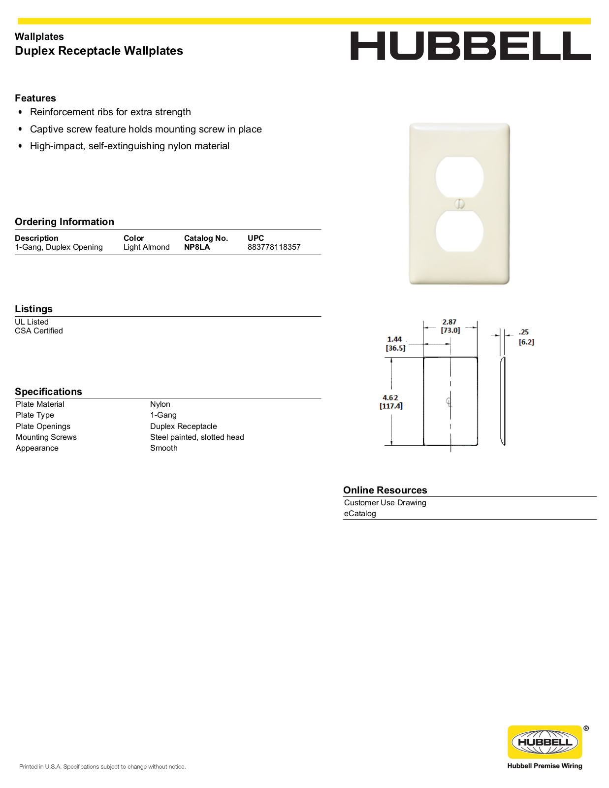 Hubbell NP8LA Specifications