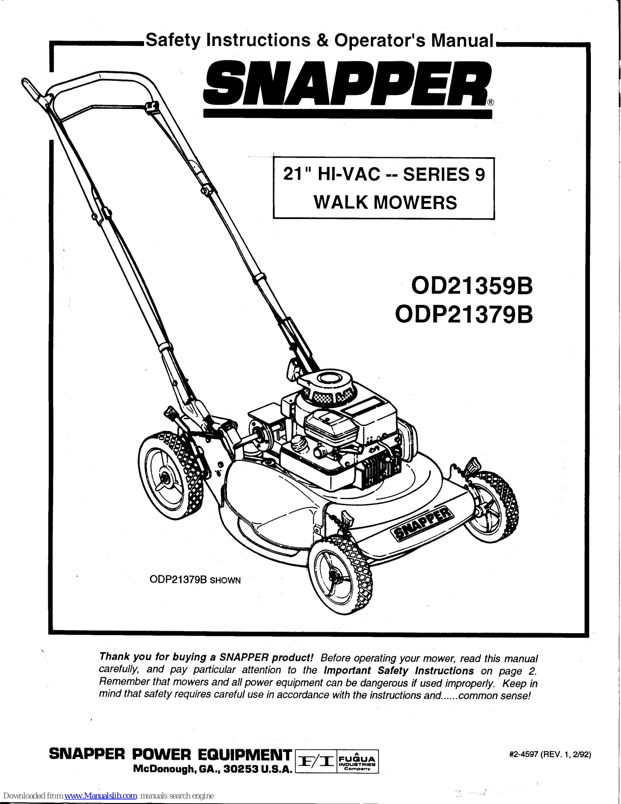 Snapper OD21359B,ODP21379B Safety Instructions & Operator's Manual