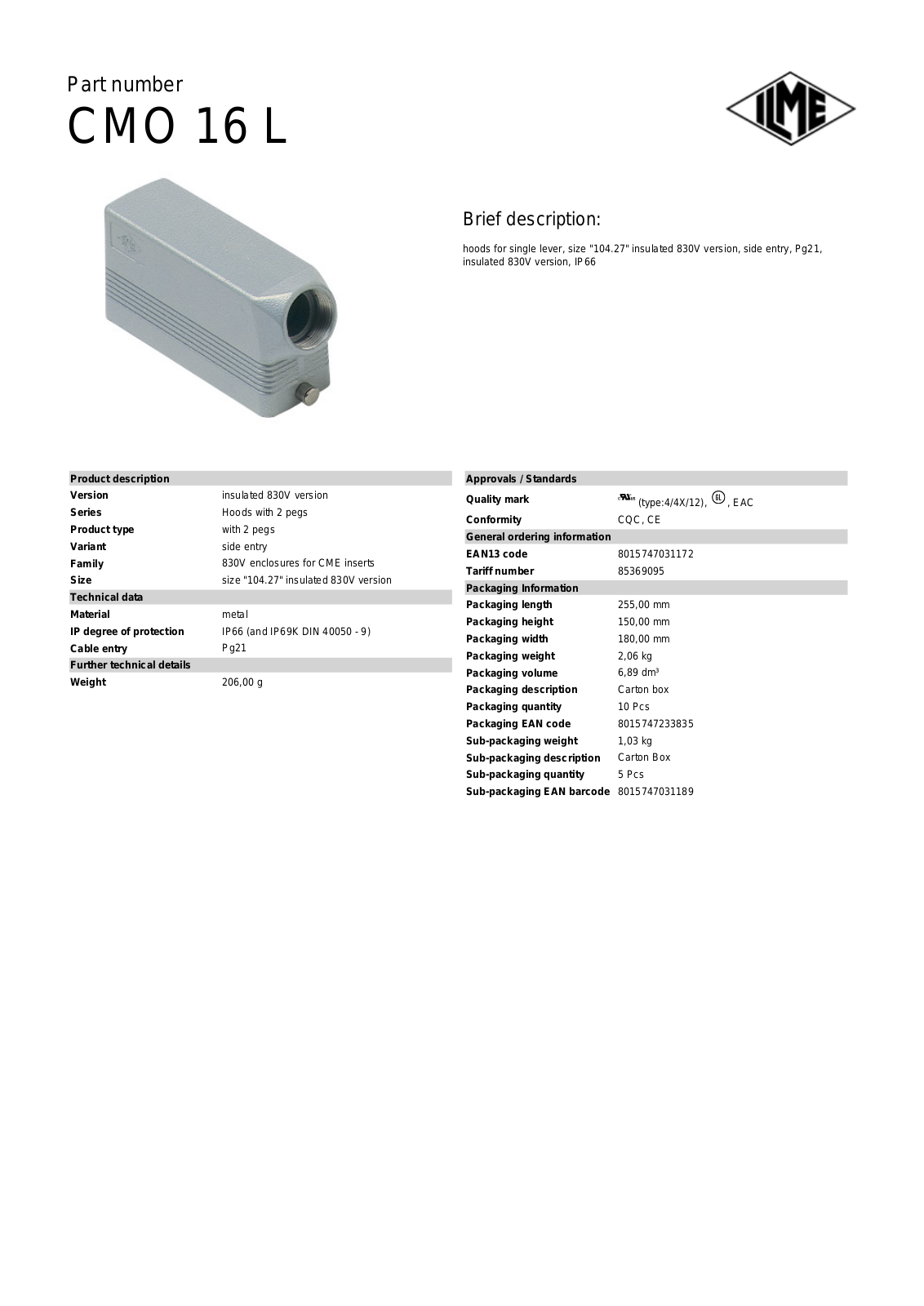 Datasheet CMO-16L Datasheet (ILME) - ManualMachine.com