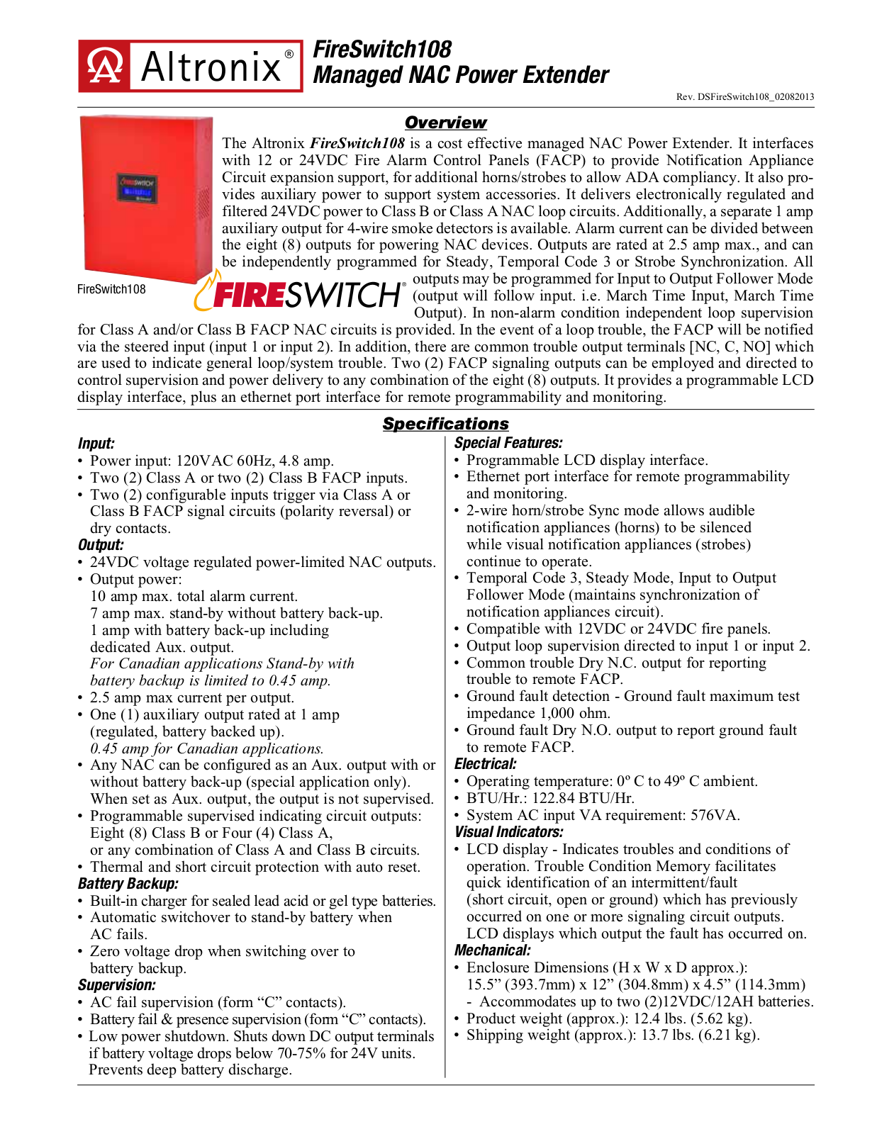 Altronix FireSwitch108 Specsheet