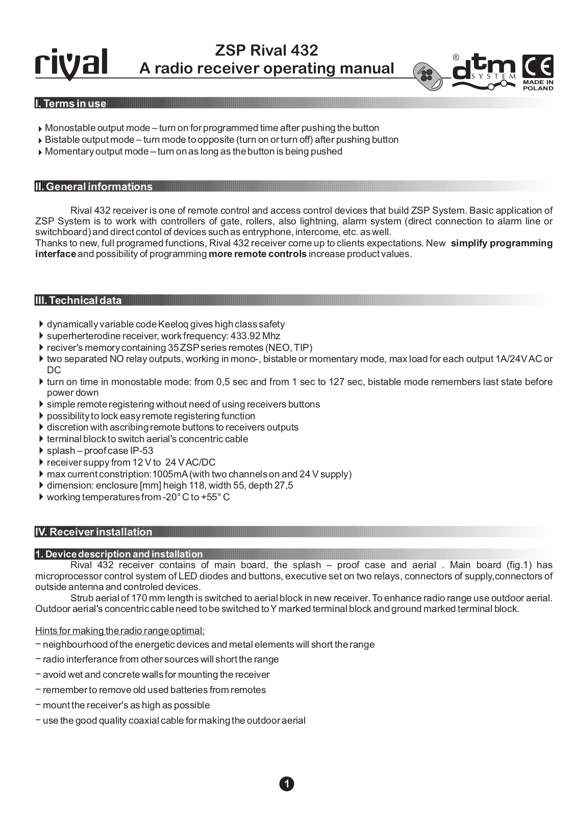 DTM System ZSP Rival 432 Operating Manual