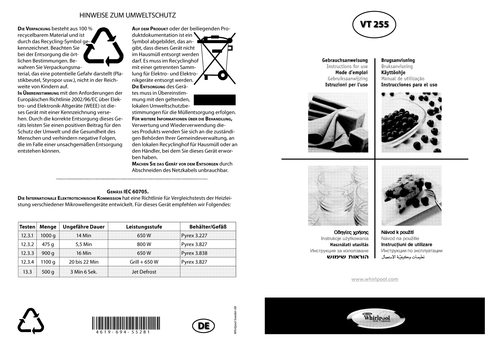 Whirlpool VT255/SL, VT 255 / WH, VT 255 / BL INSTRUCTION FOR USE