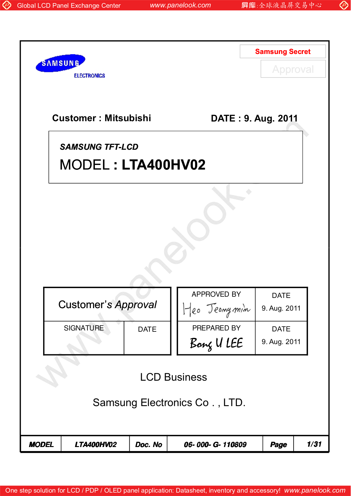 SAMSUNG LTA400HV02 Specification